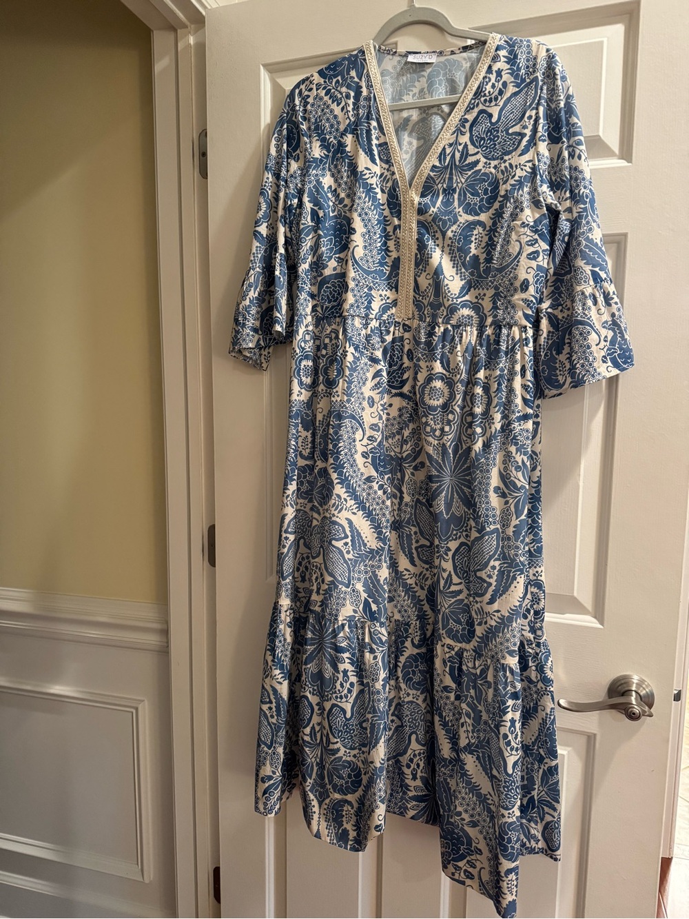 Blue & White V-Neck Maxi Dress - Classic Printed Women’s Dress